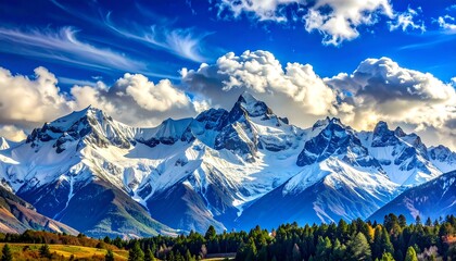 Majestic snow-covered mountains under a dramatic sky, with evergreen trees in the foreground