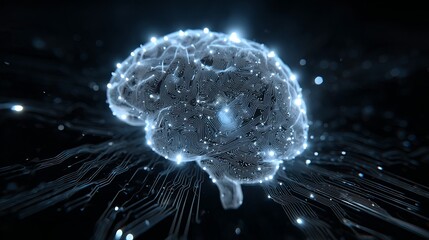 Futuristic glowing brain with circuit patterns symbolizes AI innovation and digital intelligence, perfect for technology and science concepts in the modern age