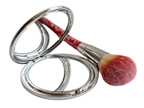 Open silver makeup compact with a pink brush, beauty accessories