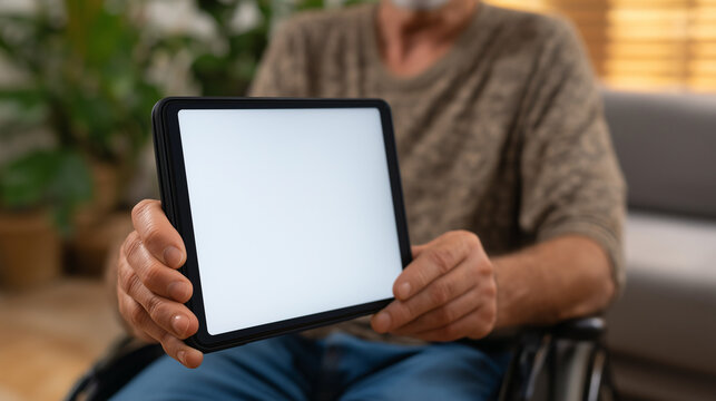 Senior Man in Wheelchair Presenting a Tablet with Blank White Screen for Mockup Display - Powered by Adobe
