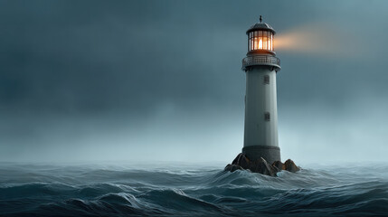 Beautiful long shot of lighthouse standing on rocky island, beacon shining through stormy ocean waves, moody atmosphere