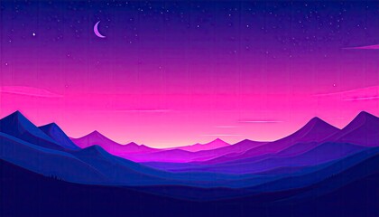 Tranquil Nightscape - Purple Mountains Under Crescent Moon and Star.
