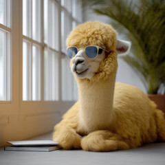 Naklejka premium Bright yellow alpaca with sunglasses lounges indoors by window, notebook nearby, cheerful and modern atmosphere
