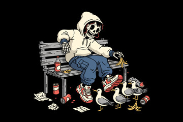 Fototapeta premium Skeleton in Hoodie Sitting on Bench Feeding Seagulls.