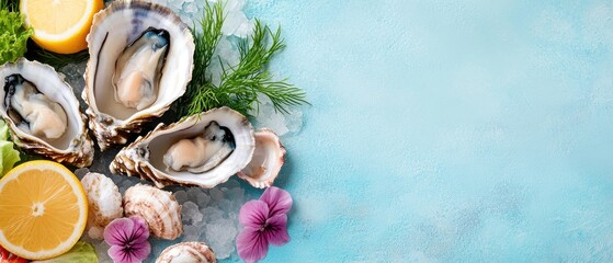 Fresh oysters on ice with lemon and herbs. Horizontal banner with copy space for text, poster, free space