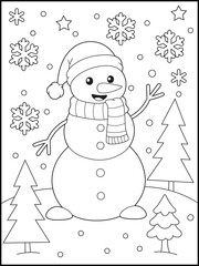 Kawaii Christmas Snowman with Santa Hat Coloring Page for Kids. Black and Whtie line art for children 
