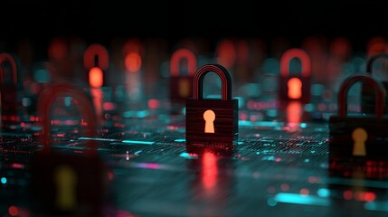 Elevated cyber security with glowing padlocks protecting your digital assets and data in a modern tech world, ensuring privacy and peace of mind