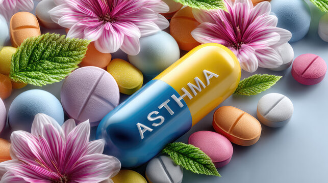 An illustration of the word "ASTHMA" on pills surrounded by various medications, emphasizing the importance of asthma control. Space for text. - Powered by Adobe