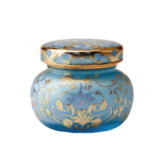 Ornate, lidded blue glass jar with gold floral detail, on black