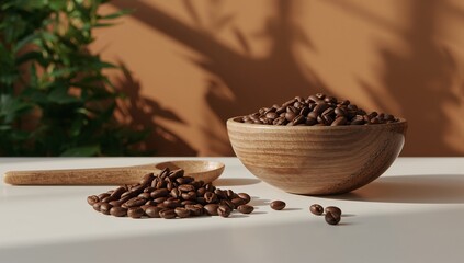 Freshly roasted coffee beans in wooden bowl and spoon on table.