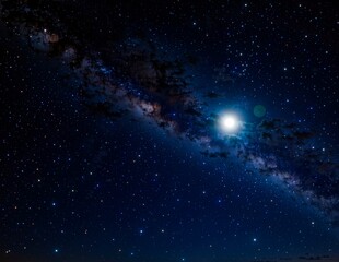 Starry Night Sky with Milky Way and Full Moon