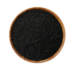 Black cumin seeds in bowl isolated on white, top view
