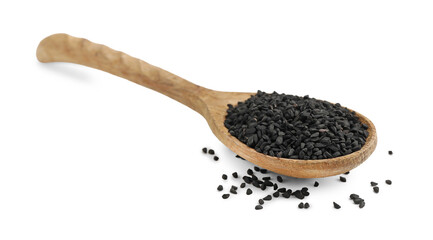 Black cumin seeds in spoon isolated on white
