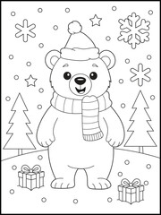 Cute Bear Wearing Santa Hat and Scarf Standing by Presents. Winter Christmas Coloring Page for Kids