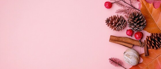 Autumnal composition with pine cones, cinnamon sticks, berries, and leaves on a pink background. Horizontal banner with copy space for text, poster, free space