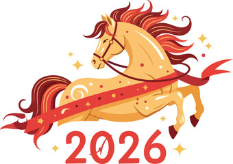 A leaping tan horse graphic with red mane  accents over 2026 lettering surrounded by stars