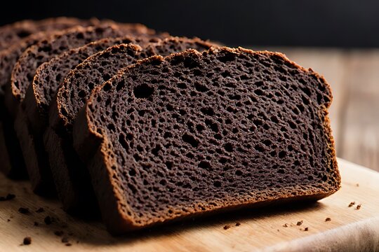 Close-up of dark rye bread slices arranged neatly on a wooden cutting board.
