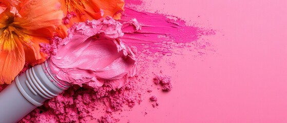Pink lipstick and crushed eyeshadow create a vibrant, textured background, complemented by orange flowers. Horizontal banner with copy space for text, poster, free space