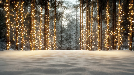 Snowy forest at dusk with warm string lights wrapped around tree trunks, cozy festive atmosphere