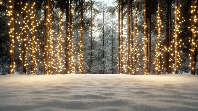 Snowy forest at dusk with warm string lights wrapped around tree trunks, cozy festive atmosphere - Powered by Adobe