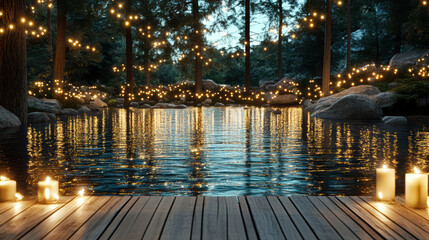 Forest pond at dusk with floating light reflections and glowing string lights