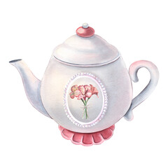 White ceramic teapot, pearl frame, alstroemeria flower bouquet. Hand-painted watercolor illustration isolated on white for kitchen print, menu, tea, tableware branding, card, textile, posters, decor