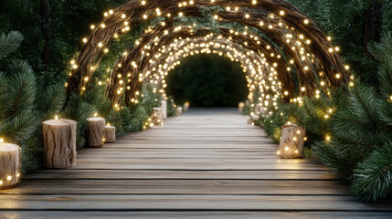 Fototapeta premium Enchanted forest pathway with glowing string lights and wooden boardwalk, cozy atmosphere