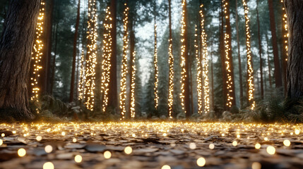 Enchanted forest with glowing string lights and warm festive atmosphere