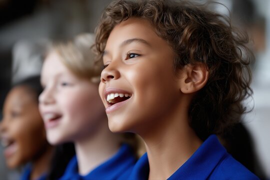 Joyful diverse children singing together in choir performance