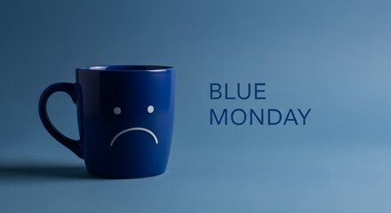 Blue mug with sad face and text Blue Monday on blue background emoji