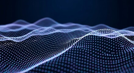 Abstract digital landscape of glowing blue particles forming undulating waves against a dark background.