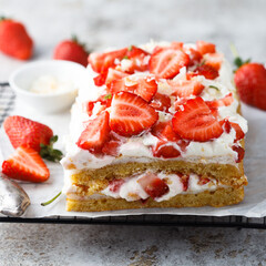 Homemade strawberry cake with vanilla cream