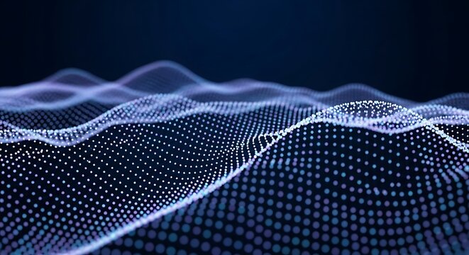Abstract digital landscape of glowing blue particles forming undulating waves against a dark background.