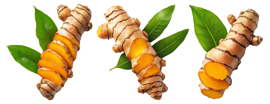 Turmeric root with sliced pieces and green leaves isolated on white transparent background. Concept of freshness and health benefits