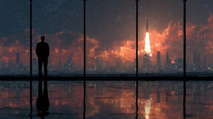 Middle Eastern businessman gazing through panoramic window at city skyline with digital rocket launch reflection, symbolizing innovation and future aspirations