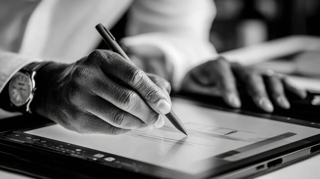 Mixed-race designer skillfully illustrating a rocket logo on a tablet, surrounded by natural soft light, showcasing creativity and innovation in digital design with copy space