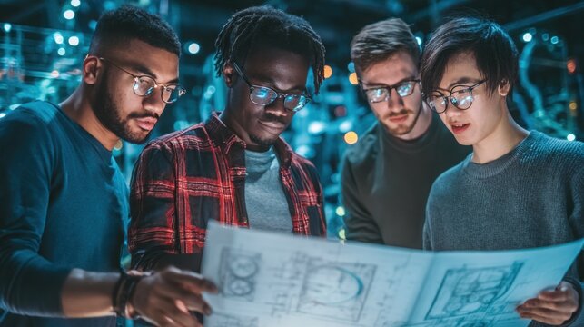 Diverse team of young engineers analyzing rocket propulsion diagrams on transparent screens with ambient lighting, showcasing collaboration and innovation in technology - Powered by Adobe