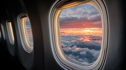 Airplane window view sunset sky cloudscape travel journey adventure vacation seat interior peaceful