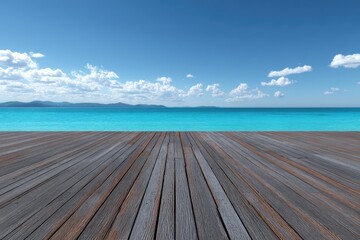 Wide wooden deck spans a turquoise sea, meeting a clear sky dotted with puffy clouds