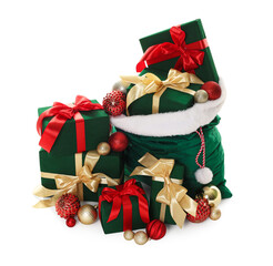 Santa Claus bag with gift boxes and Christmas baubles isolated on white