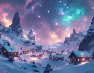 Enchanting Snowy Mountain Village Under a Vibrant Aurora Borealis Night Sky: A Cozy Christmas Eve Scene