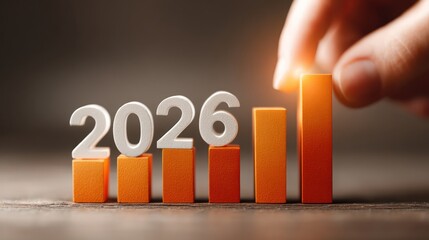 Financial success visualization featuring 3D bar graph with upward trend and bright 2026 year marker above a hand