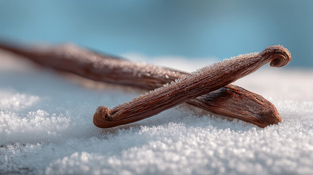 Frosted vanilla pod with flower detail, closeup macro, natural texture, winter, aromatic, culinary ingredient