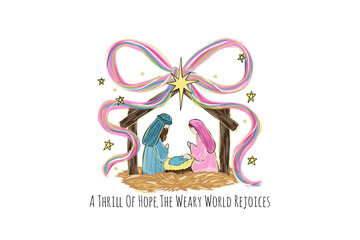 A tender watercolor illustration of the nativity scene with a colorful bow Sublimation design