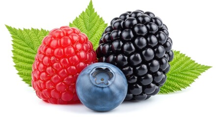 wild berries mix, raspberry, blueberries, blackberries isolated on white background, full depth of field