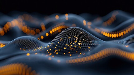 An abstract digital representation of data or energy flow, featuring undulating, mesh-like surfaces in shades of blue and grey, illuminated by scattered golden-