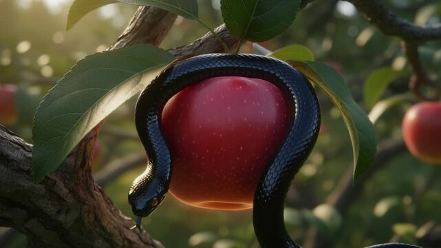 A black snake silently approaches a bright red apple hanging on a tree branch in the Garden of Eden. The biblical story of the apple of discord and the serpent tempter