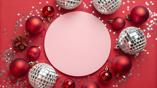 Festive red background with christmas and new year decorations, featuring red baubles, silver disco balls, and glitter, framing a pink circle for holiday text