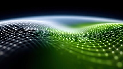An abstract digital network grid with interconnected white dots, flowing in a wave-like pattern with a gradient of green and blue hues against a dark background