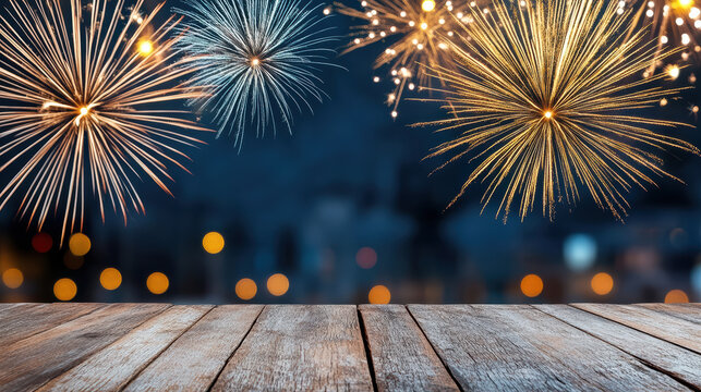 Festive fireworks burst over wooden deck with city bokeh and warm celebration glow - Powered by Adobe